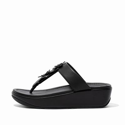 Fitflop FINO Floral Leather Toe-Post Naisten Sandaalit Mustat | XVI-398752