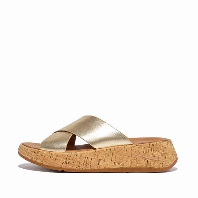 Fitflop F-MODE Metallic Leather/Cork Flatform Cross Slides Naisten Sandaalit Ruskea Kultaiset | NPQ-709265