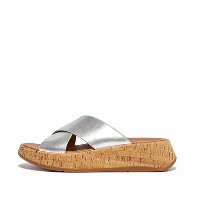 Fitflop F-MODE Metallic Leather/Cork Flatform Cross Slides Naisten Sandaalit Hopea | RNT-021895