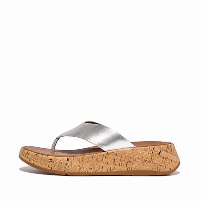 Fitflop F-MODE Metallic Leather/Cork Flatform Toe-Post Naisten Sandaalit Hopea | ZDT-958260