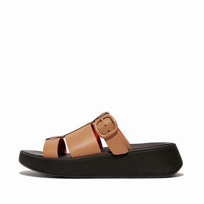 Fitflop F-MODE Neon-Pop Leather Flatform Fisherman Slides Naisten Sandaalit Ruskea Oranssi | XUO-962401