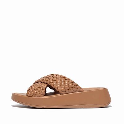 Fitflop F-MODE Woven Leather Flatform Cross Slides Naisten Sandaalit Ruskea | VOL-826154