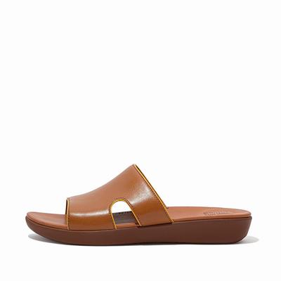 Fitflop H-Bar Pop Binding Leather Slides Naisten Sandaalit Vaaleanruskea Oranssi Keltainen | YIL-759024