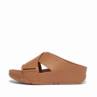 Fitflop SHUV Leather Cross Slides Naisten Sandaalit Ruskea | FYE-978402