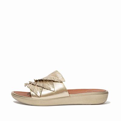 Fitflop SOLA Feather Metallic Leather Slides Naisten Sandaalit Ruskea Kultaiset | FAK-378691