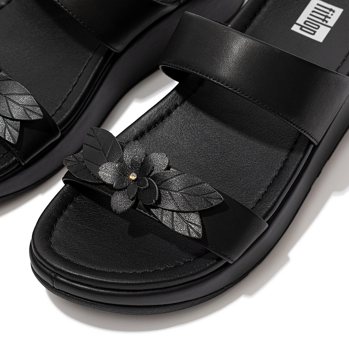 Fitflop FINO Floral Leather Slides Naisten Sandaalit Mustat | QSI-706914