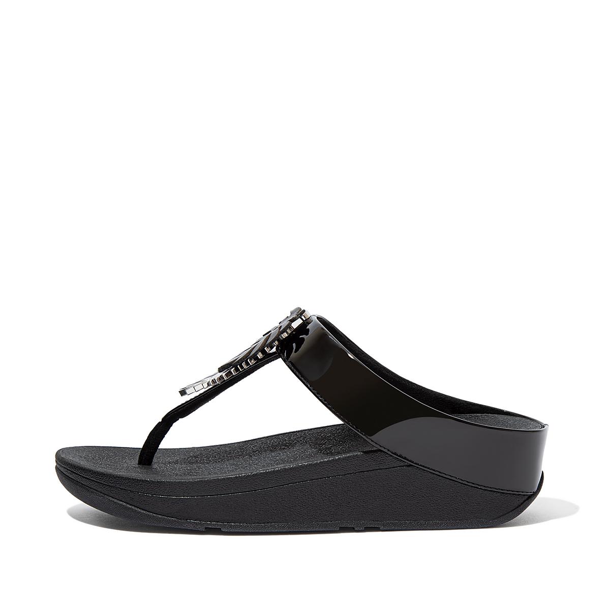 Fitflop FINO Jungle Leaf Kiiltonahka Toe-Post Naisten Sandaalit Mustat | IRB-932180