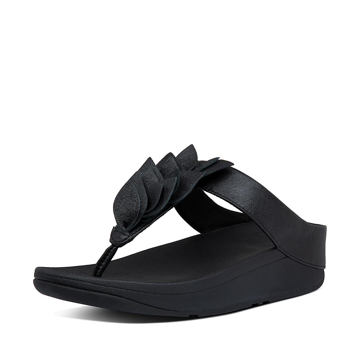 Fitflop FINO Leaf Leather Toe-Thongs Naisten Sandaalit Mustat | MDS-809671