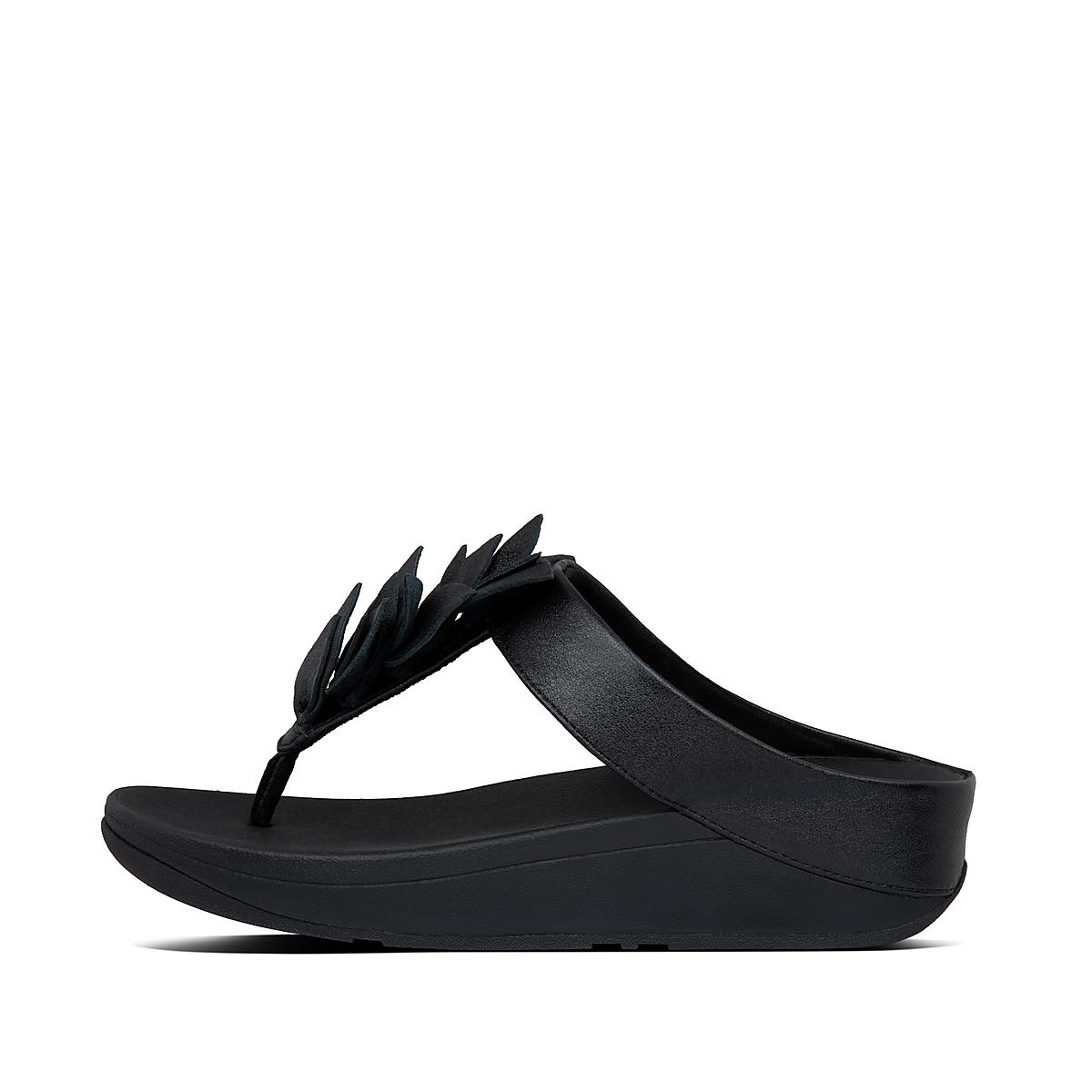 Fitflop FINO Leaf Leather Toe-Thongs Naisten Sandaalit Mustat | MDS-809671