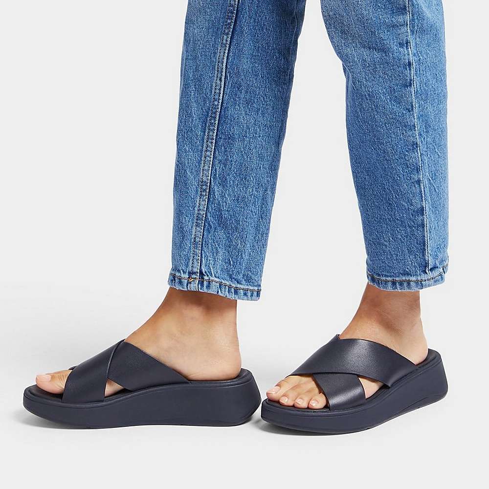 Fitflop F-MODE Leather Flatform Cross Slides Naisten Sandaalit Laivastonsininen | HZI-314275