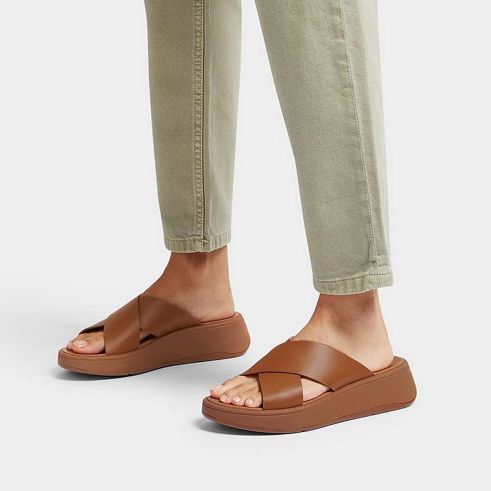 Fitflop F-MODE Leather Flatform Cross Slides Naisten Sandaalit Vaaleanruskea | LPZ-132945