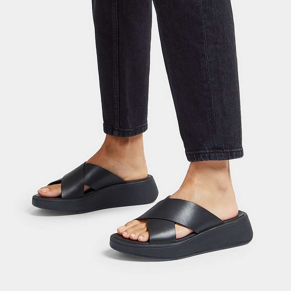 Fitflop F-MODE Leather Flatform Cross Slides Naisten Sandaalit Mustat | ZLK-064192