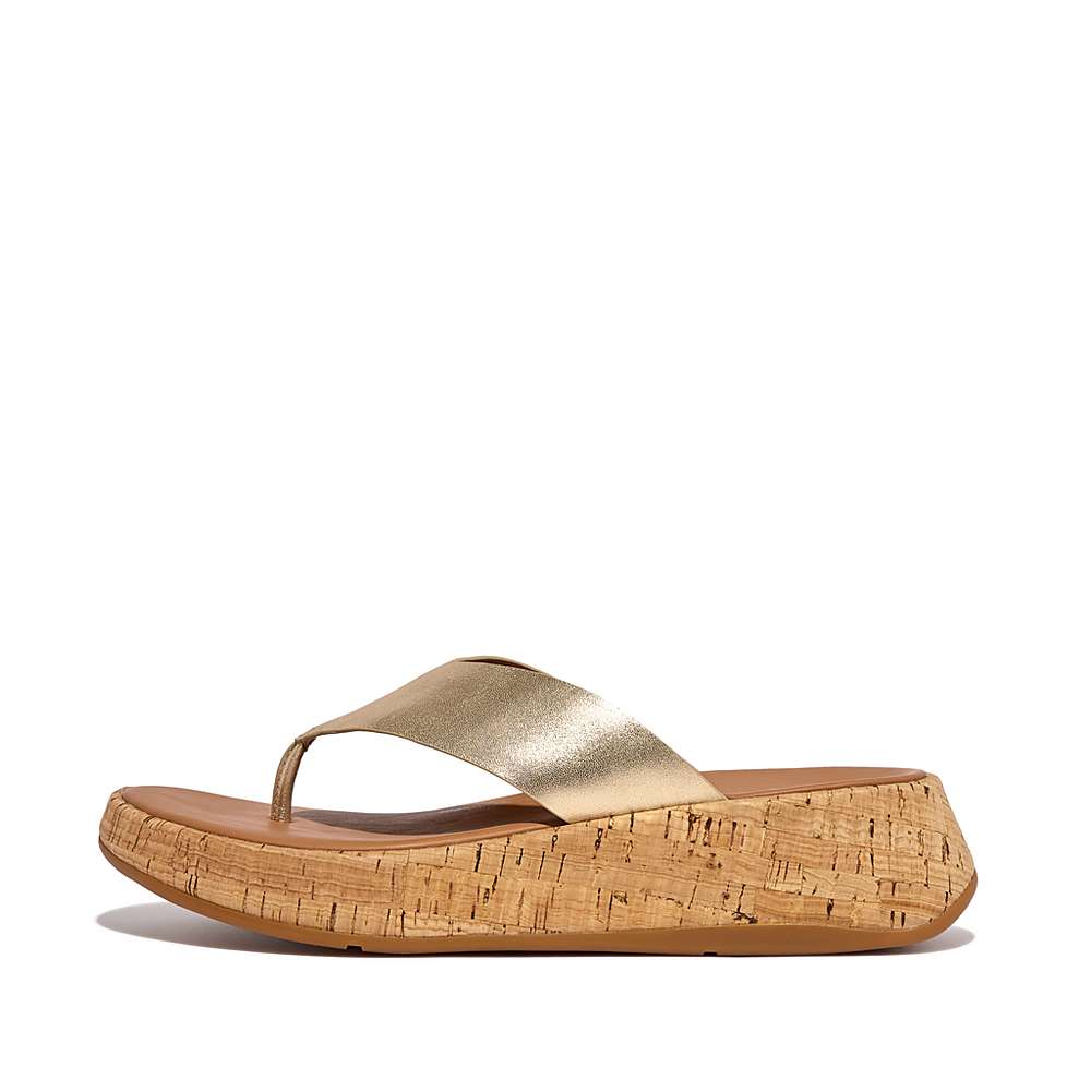 Fitflop F-MODE Metallic Leather/Cork Flatform Toe-Post Naisten Sandaalit Ruskea Kultaiset | TIX-293068