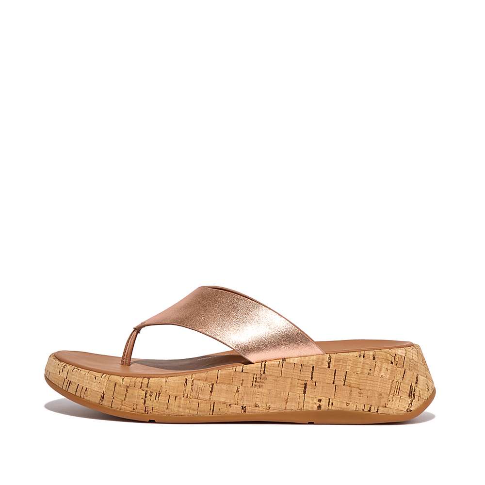 Fitflop F-MODE Metallic Leather/Cork Flatform Toe-Post Naisten Sandaalit Pinkki Kultaiset | ZUP-057236