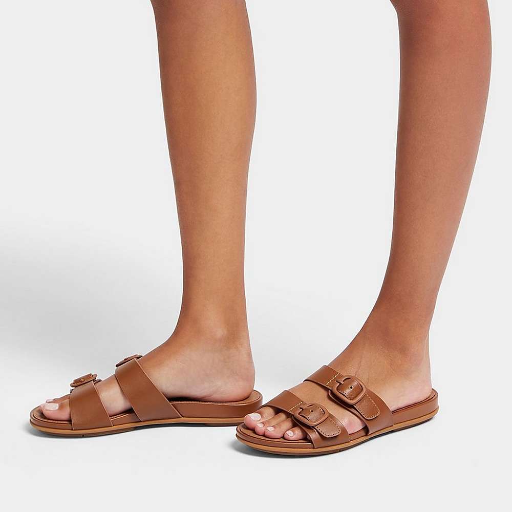 Fitflop GRACIE Buckle Two-Bar Leather Slides Naisten Sandaalit Ruskea | CER-462901