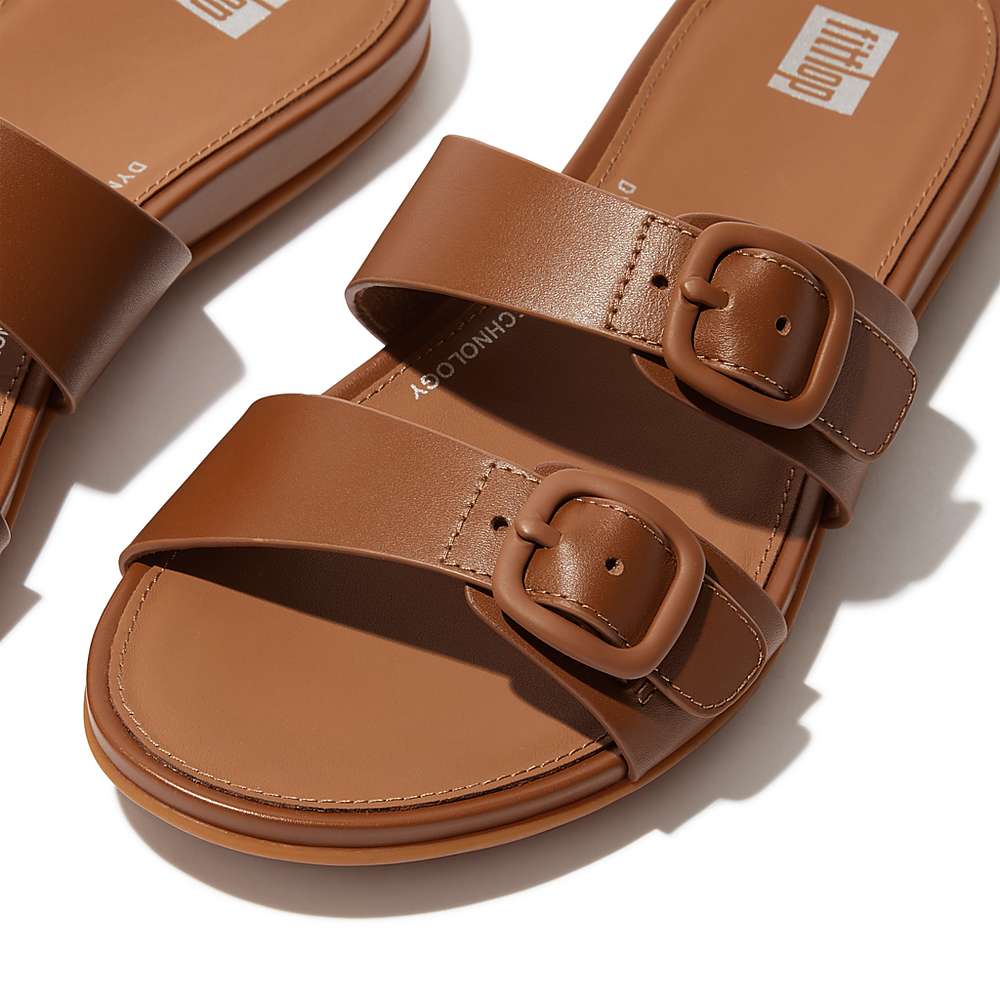 Fitflop GRACIE Buckle Two-Bar Leather Slides Naisten Sandaalit Ruskea | CER-462901