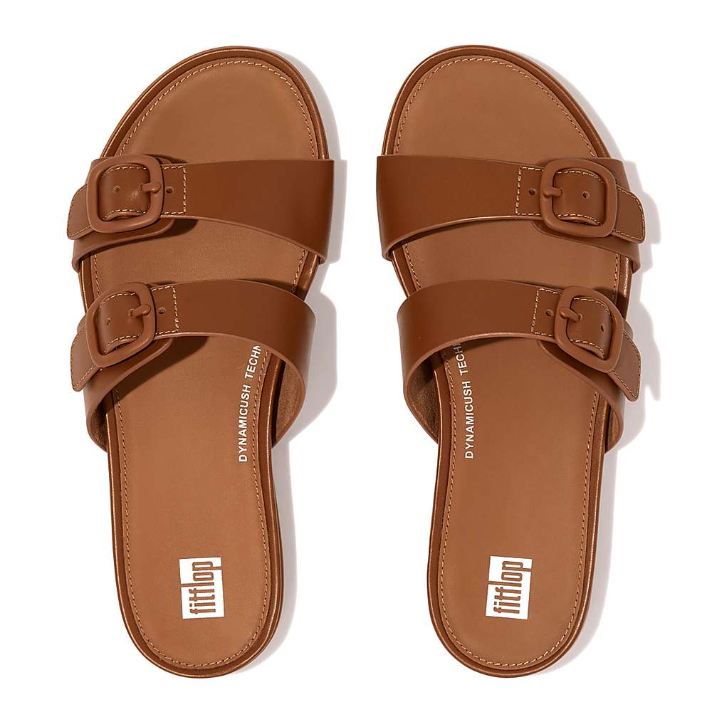 Fitflop GRACIE Buckle Two-Bar Leather Slides Naisten Sandaalit Ruskea | CER-462901