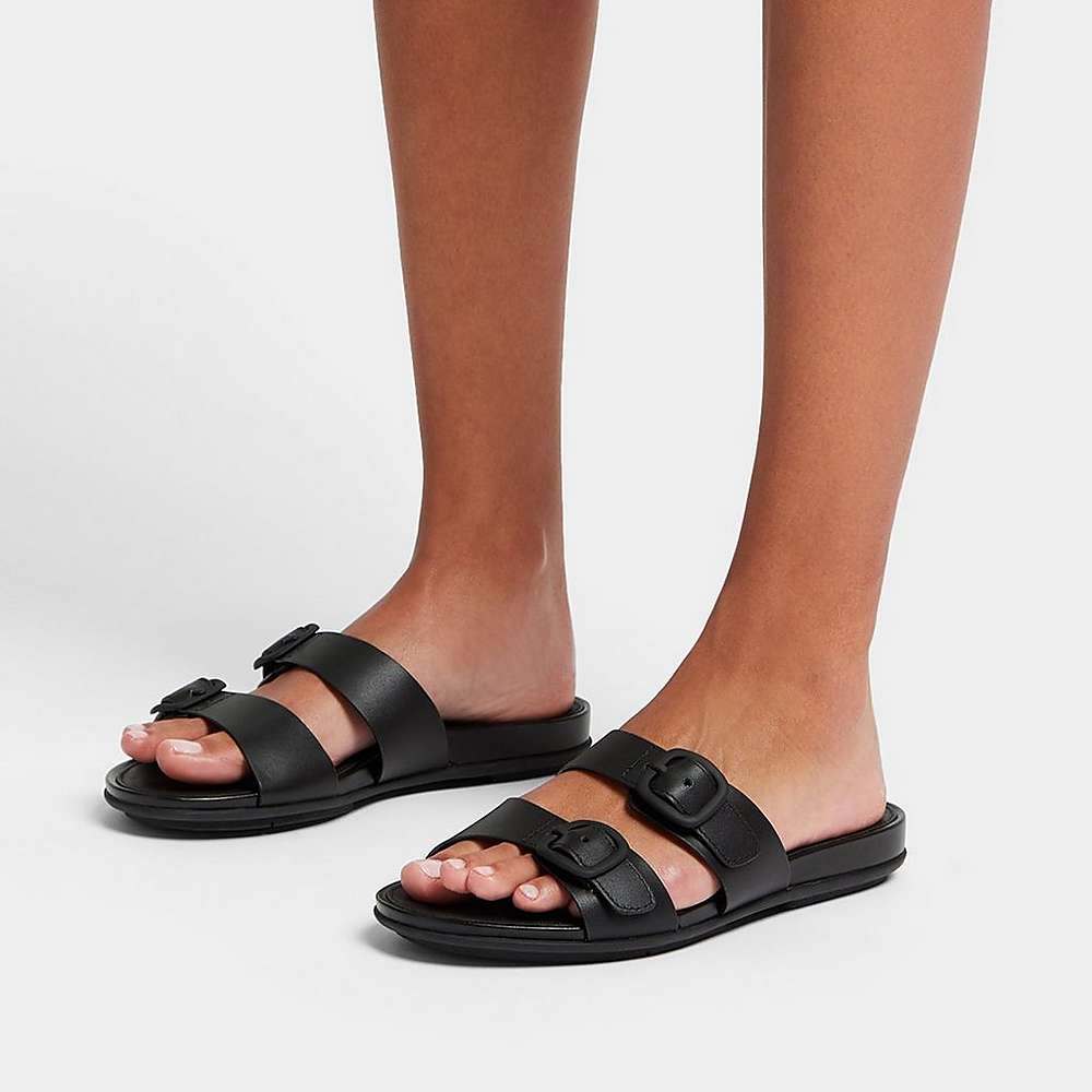 Fitflop GRACIE Buckle Two-Bar Leather Slides Naisten Sandaalit Mustat | MBV-704853