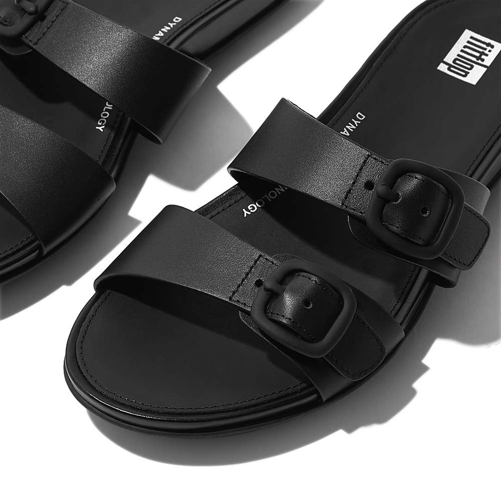 Fitflop GRACIE Buckle Two-Bar Leather Slides Naisten Sandaalit Mustat | MBV-704853