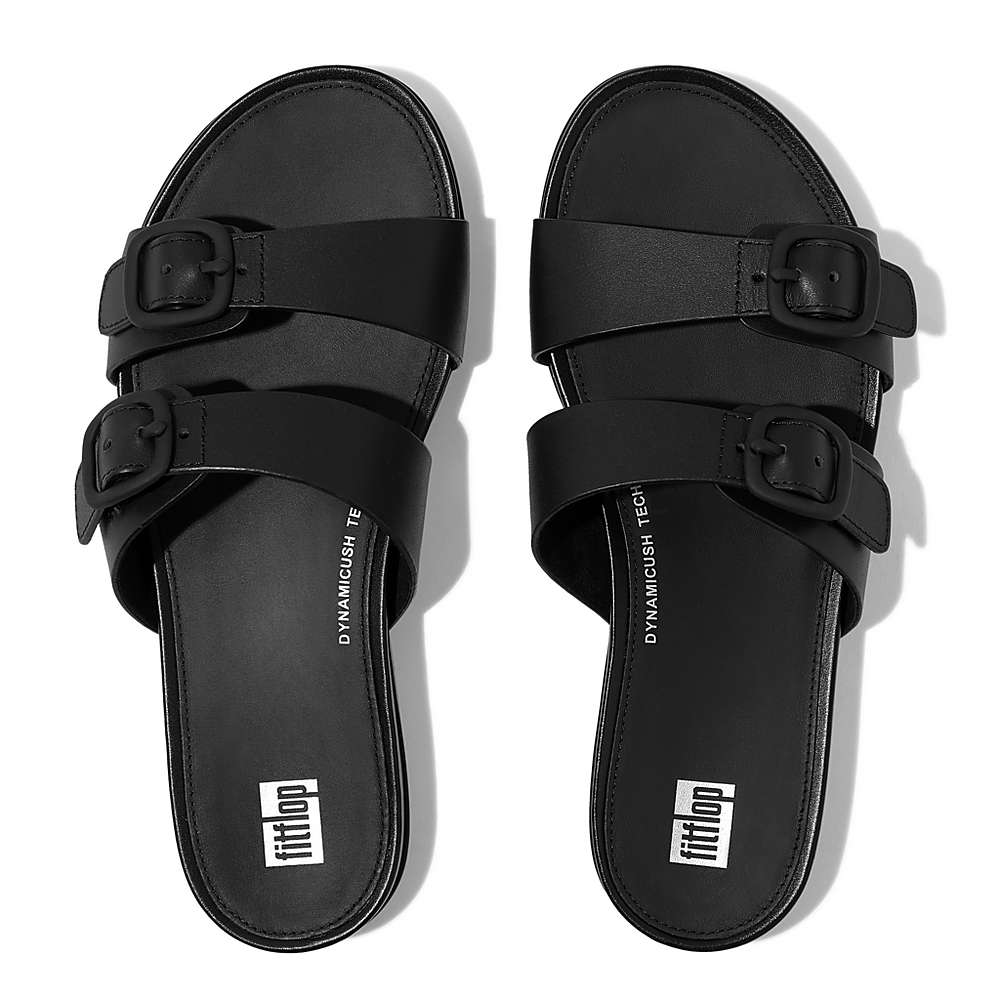 Fitflop GRACIE Buckle Two-Bar Leather Slides Naisten Sandaalit Mustat | MBV-704853