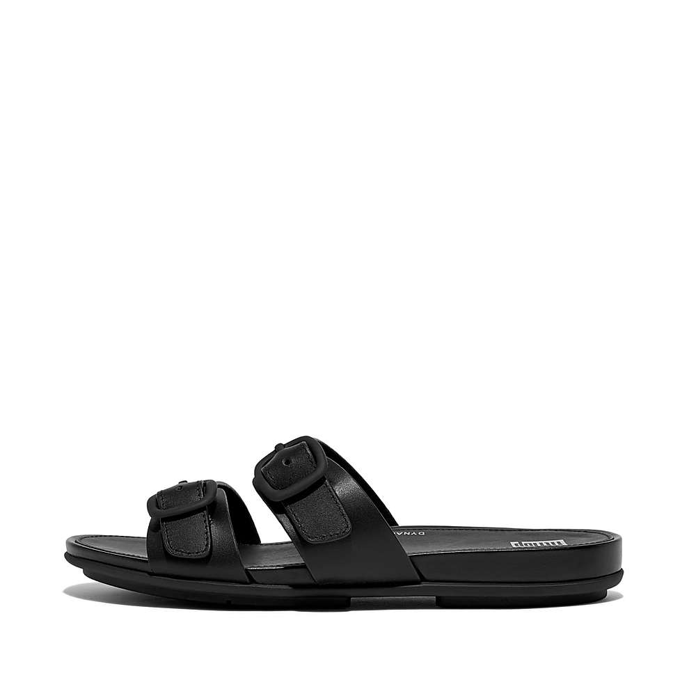 Fitflop GRACIE Buckle Two-Bar Leather Slides Naisten Sandaalit Mustat | MBV-704853