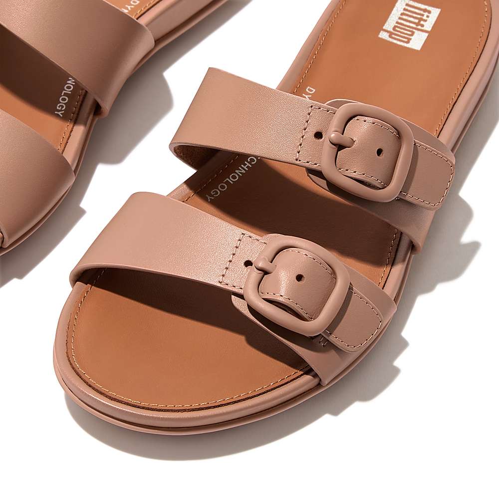 Fitflop GRACIE Buckle Two-Bar Leather Slides Naisten Sandaalit Beige | QNA-768045