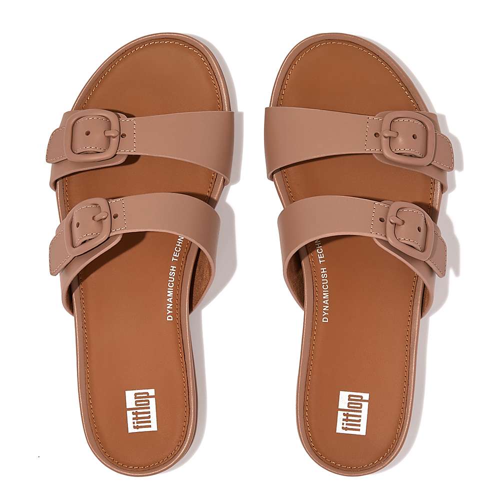 Fitflop GRACIE Buckle Two-Bar Leather Slides Naisten Sandaalit Beige | QNA-768045