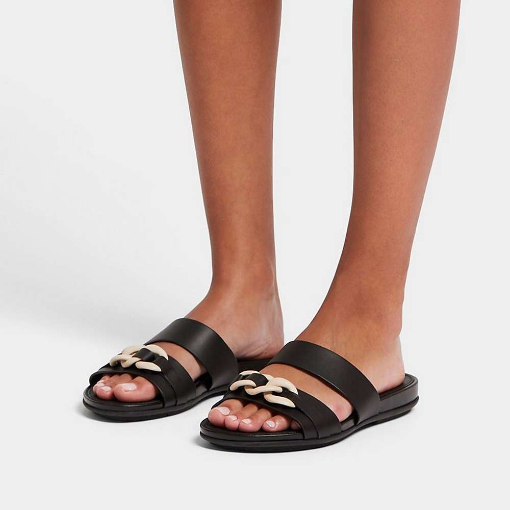 Fitflop GRACIE Chain Leather Two-Bar Slides Naisten Sandaalit Mustat | IZF-953260