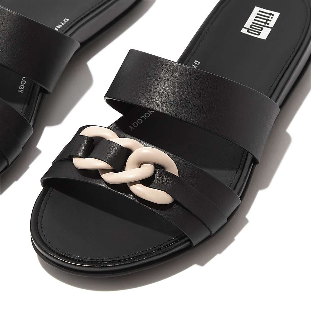 Fitflop GRACIE Chain Leather Two-Bar Slides Naisten Sandaalit Mustat | IZF-953260