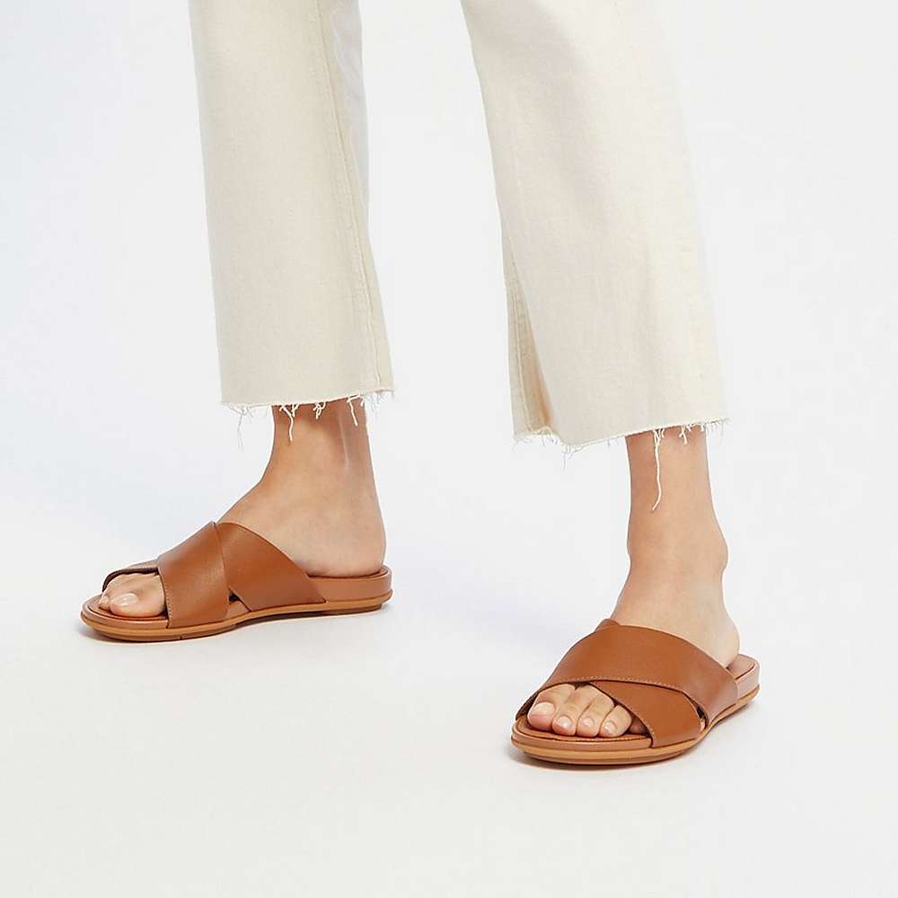 Fitflop GRACIE Leather Cross Slides Naisten Sandaalit Vaaleanruskea | KWT-265048