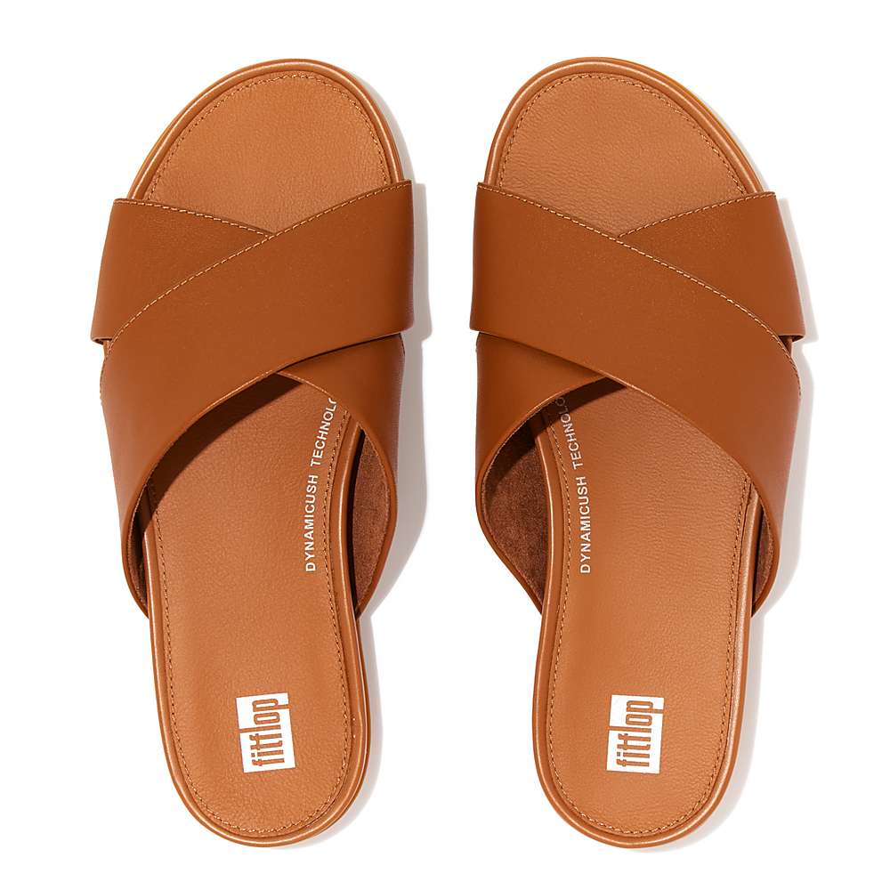 Fitflop GRACIE Leather Cross Slides Naisten Sandaalit Vaaleanruskea | KWT-265048