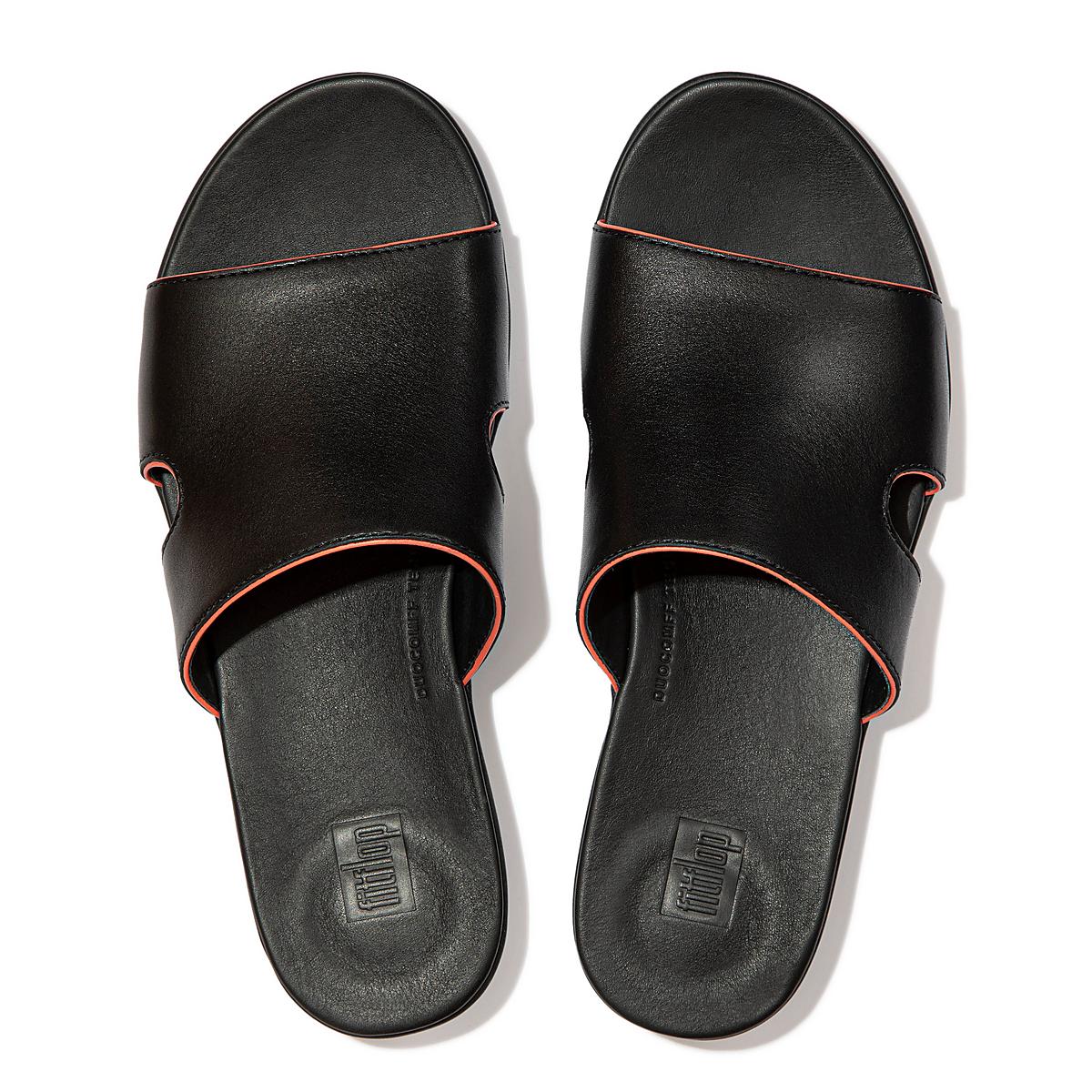 Fitflop H-Bar Pop Binding Leather Slides Naisten Sandaalit Mustat Pinkki | VXZ-674208