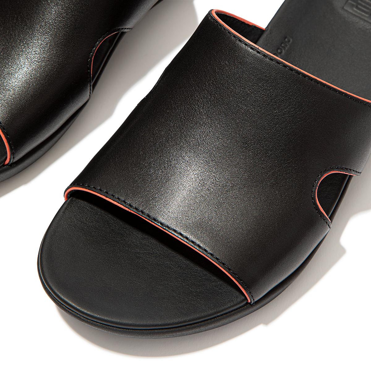 Fitflop H-Bar Pop Binding Leather Slides Naisten Sandaalit Mustat Pinkki | VXZ-674208