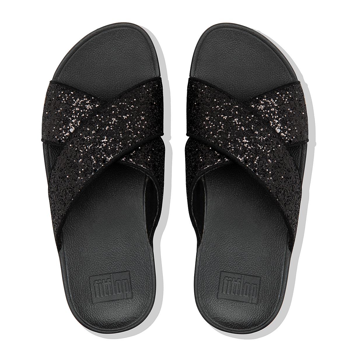 Fitflop LULU Glitter Cross Slides Naisten Sandaalit Mustat | YQG-867240