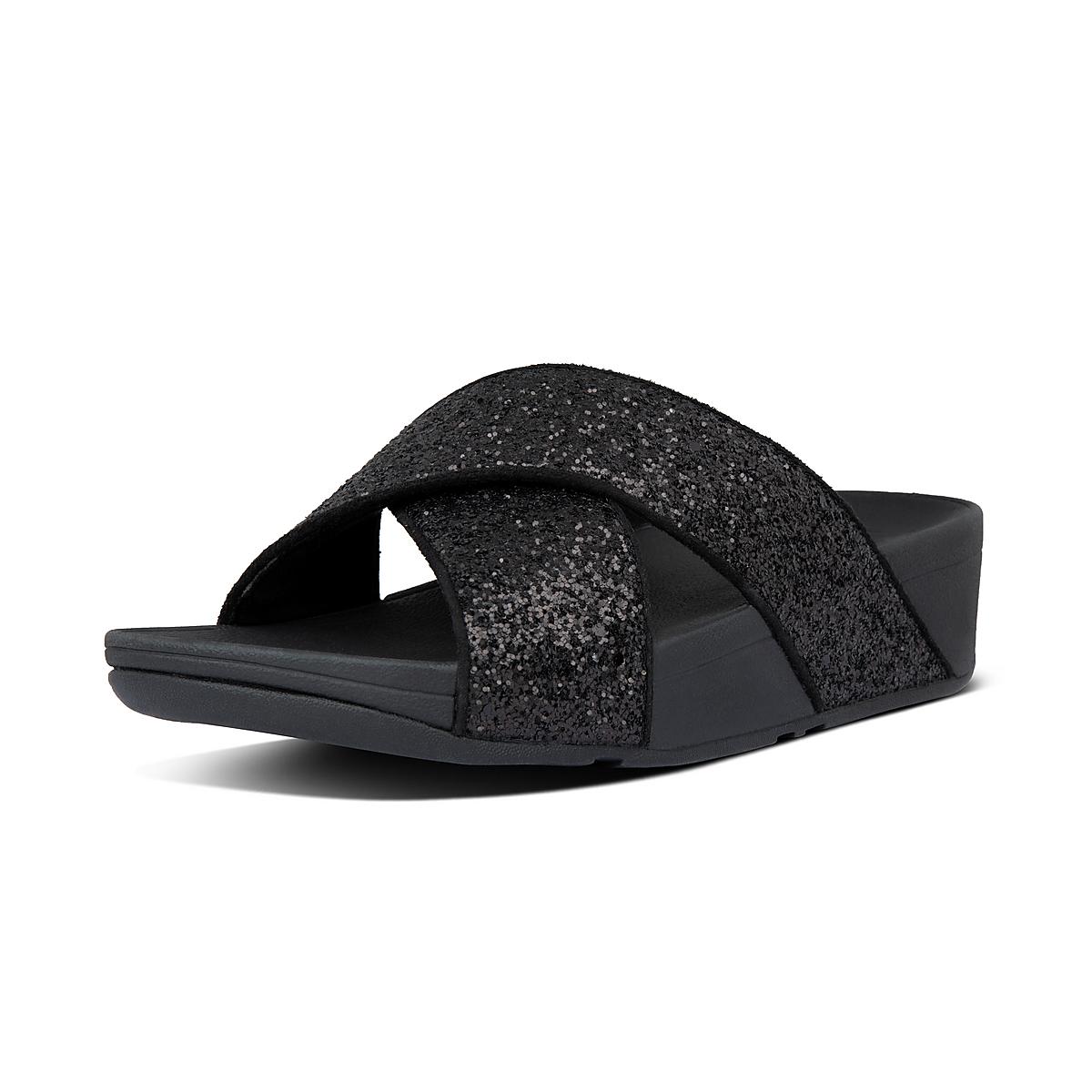 Fitflop LULU Glitter Cross Slides Naisten Sandaalit Mustat | YQG-867240