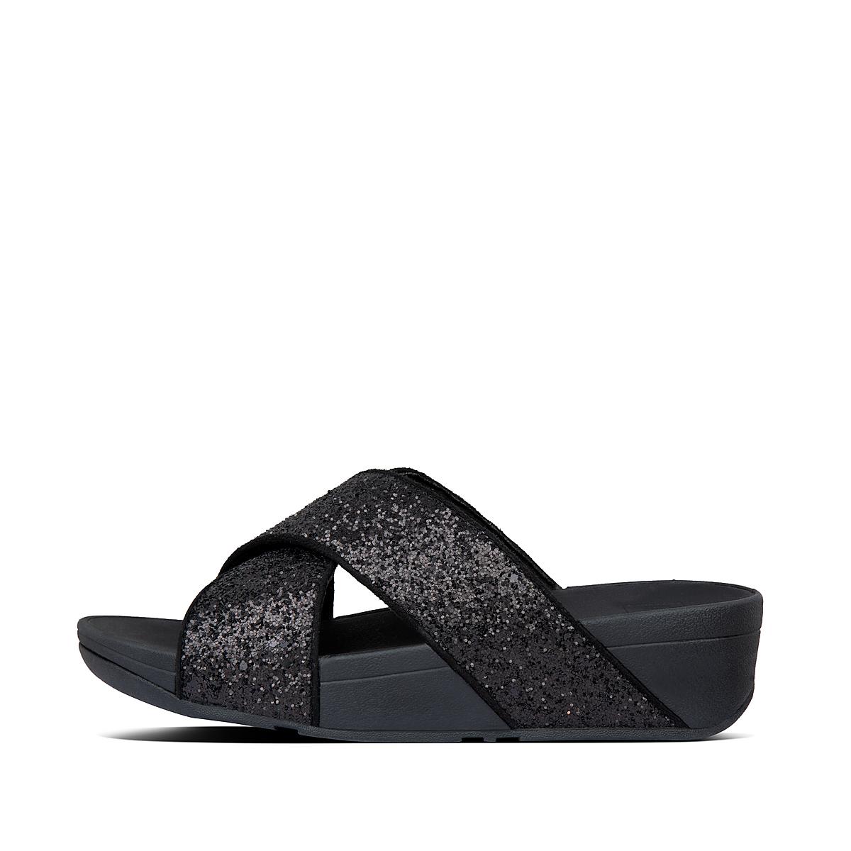 Fitflop LULU Glitter Cross Slides Naisten Sandaalit Mustat | YQG-867240