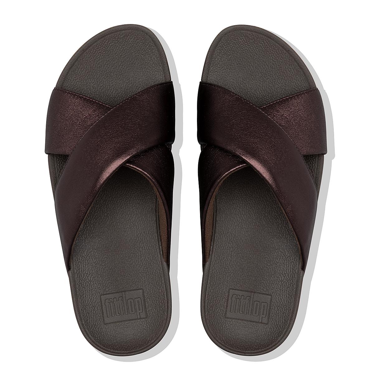 Fitflop LULU Metallic Leather Cross Slides Naisten Sandaalit Suklaa | SRG-310678