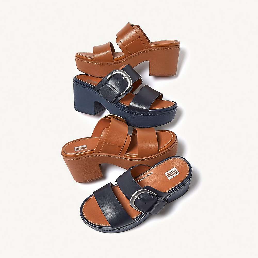 Fitflop PILAR Leather Platform Slides Naisten Sandaalit Laivastonsininen | IVC-264801