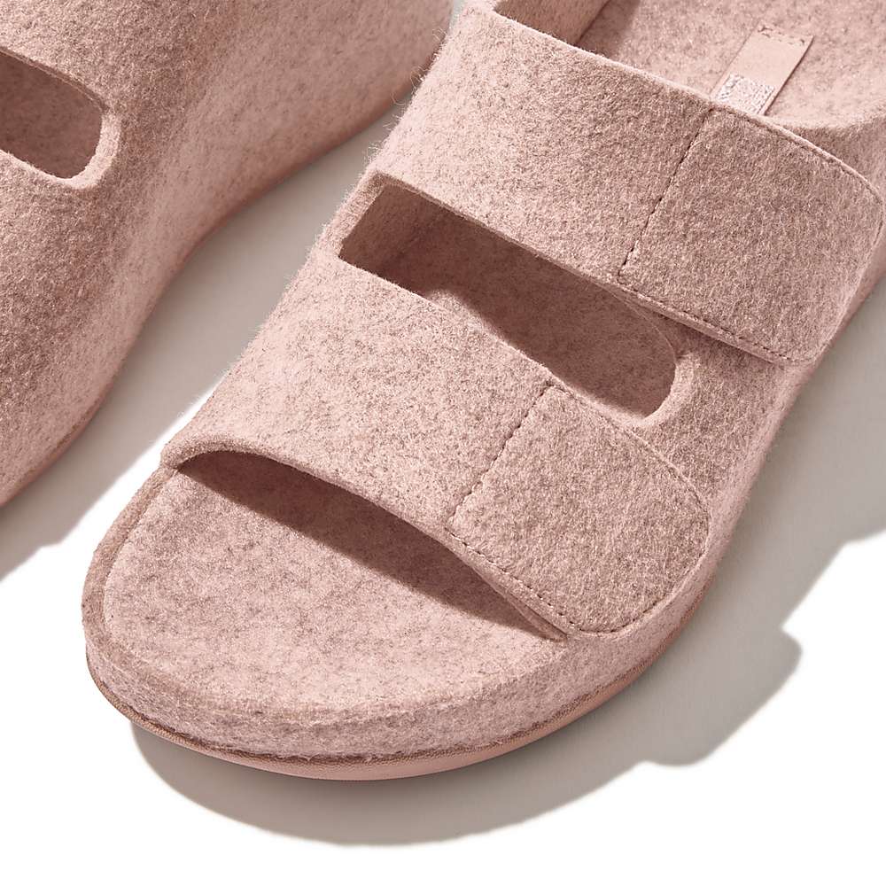 Fitflop SHUV E01 Adjustable Two-Bar Felt Slides Naisten Sandaalit Beige | RAQ-496308