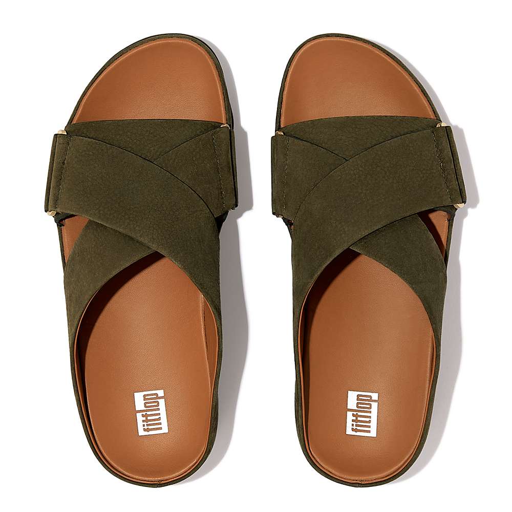 Fitflop SHUV Nubuck Cross Slides Naisten Sandaalit Oliivinvihreä | MUC-087694