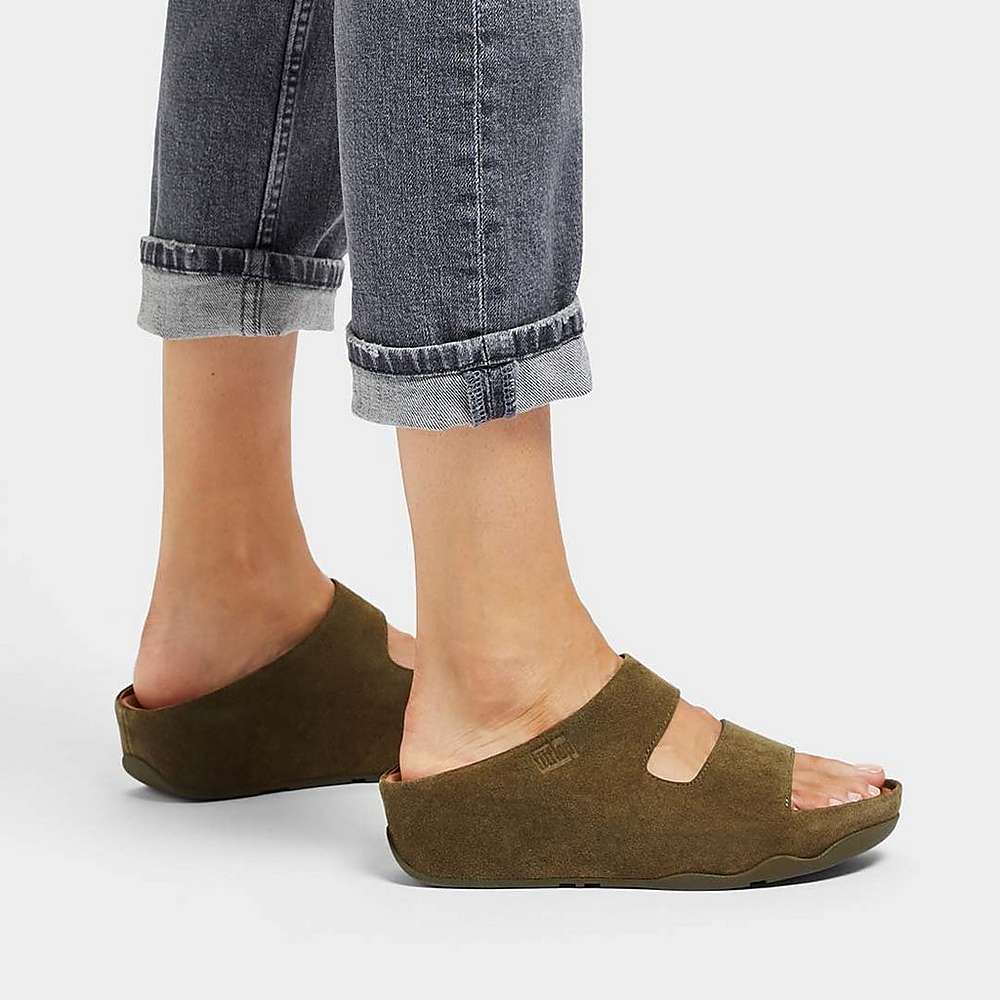 Fitflop SHUV Two-Bar Suede Slides Naisten Sandaalit Oliivinvihreä | CYH-214730